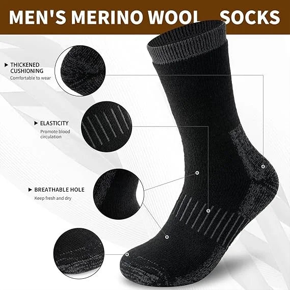Merinowolle-Thermosocken, Unisex, 3 Paar vollgepolsterte Winterstiefelsocken, geeignet zum Wandern und Arbeiten bei kaltem Wetter