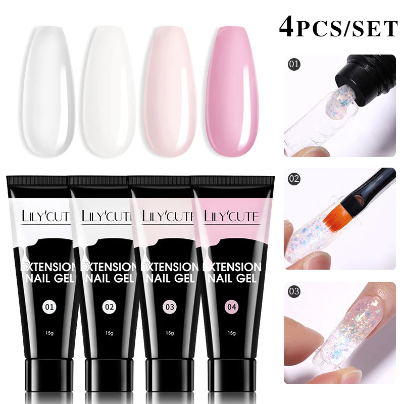 LILYCUTE 15ml Verlängerungsgel-Nagellack-Set Quick Nail Prolong mit Verlängerungsform-Nagelspitzen Acryl-Lösung Maniküre-Werkzeug-Kit