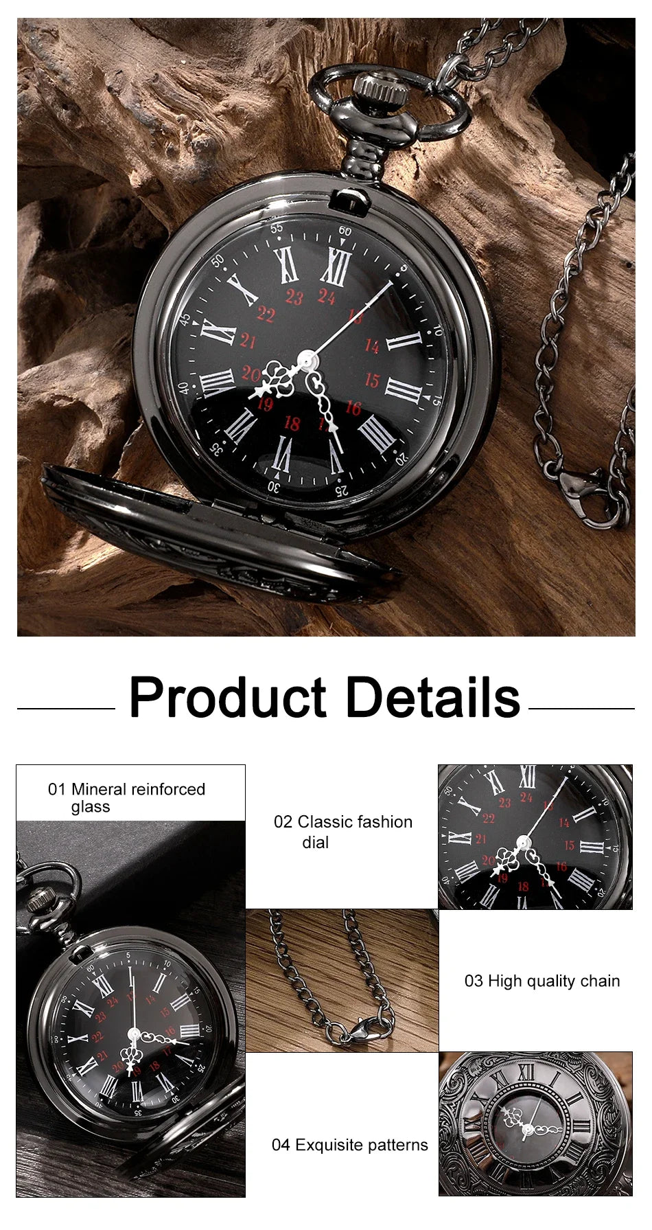 Vintage Charm Black Unisex Fashion Roman Number Quartz Steampunk Pocket Watch Women Man Necklace Pendant with Chain Gift