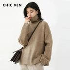 CHIC VEN Koreanischer Damen Pullover Lockerer Rollkragenpullover Warme Einfarbige Pullover Strickwaren Basic Female Tops Herbst Winter 2022