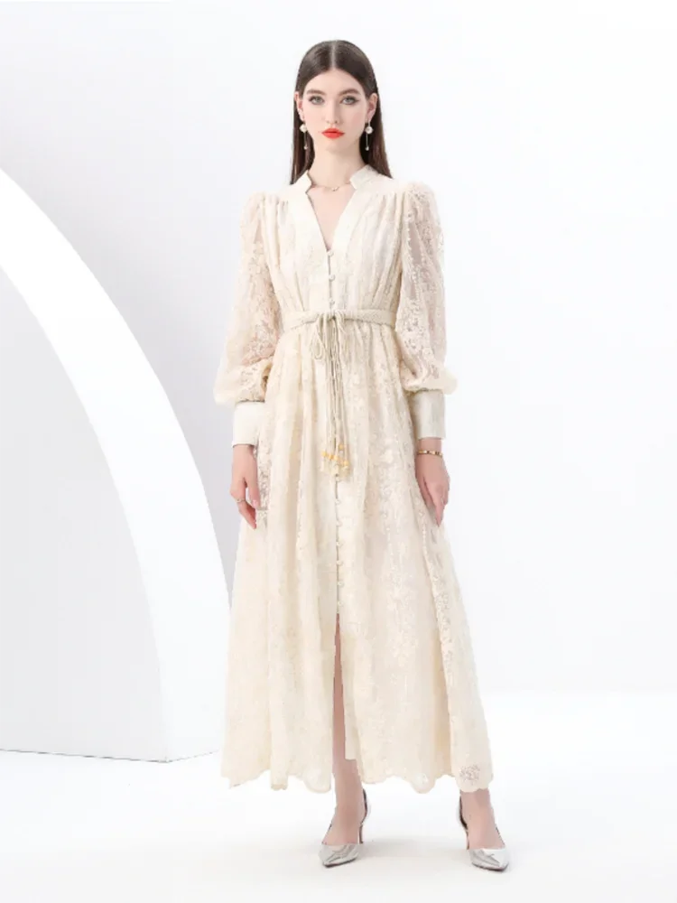 Frühlings-Herbst Französisches High-End Damenkleid Neue Spitze Stickerei V-Ausschnitt Laternenärmel Einreiher Party Geburtstagskleid C192