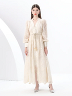Frühlings-Herbst Französisches High-End Damenkleid Neue Spitze Stickerei V-Ausschnitt Laternenärmel Einreiher Party Geburtstagskleid C192