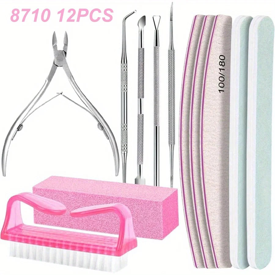 12 Stück/Charge Nagelkunst 100/180 Körnung Professionelle Feilen Puffer Schwamm Block Bürste Nagelschere Set mit Nagelhautzange Schiebern