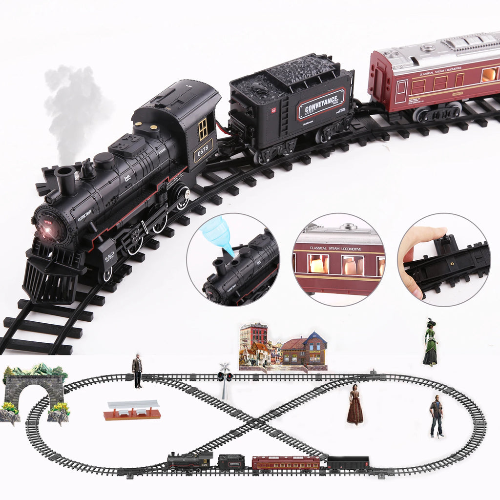Klassische batteriebetriebene elektrische Eisenbahn Dampflokomotive Set mit Wassernachfüllung für Rauchzug Spielzeug mit Licht & Sound
