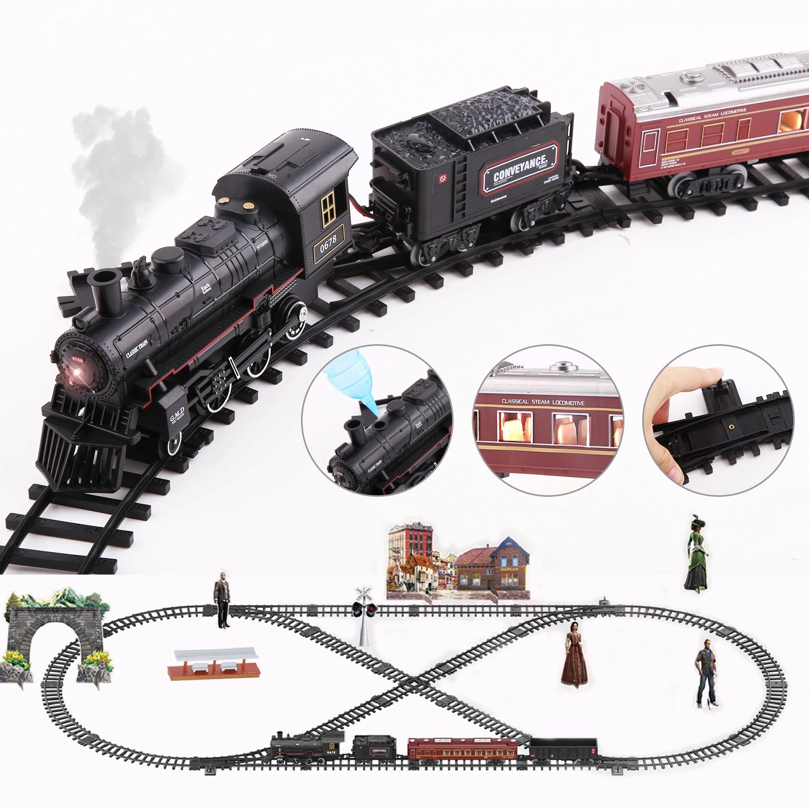 Klassische batteriebetriebene elektrische Eisenbahn Dampflokomotive Set mit Wassernachfüllung für Rauchzug Spielzeug mit Licht & Sound