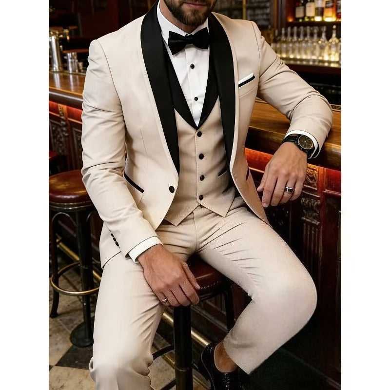 Herrenanzug-Set, dreiteilig, mit blauem Kragen, festliches Anzug-Set für Hochzeiten und Bälle mit angeschnittenem Kragen
