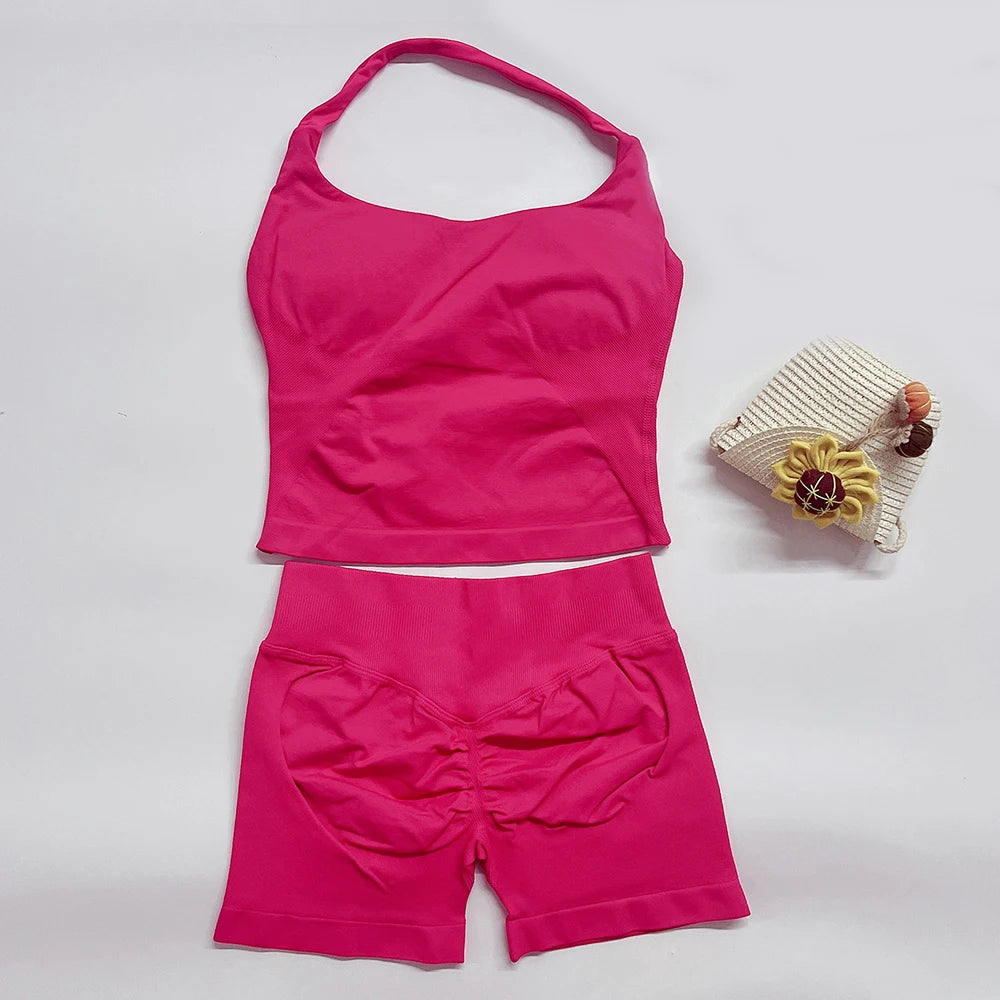 Yoga Outfits Damen 2-teiliges Sport-Set DFNNYE Impact Halfter Neck Neckholder Rückenfrei Oberteil Nahtlose Scrunch Shorts Fitness-Workout-Sportanzug