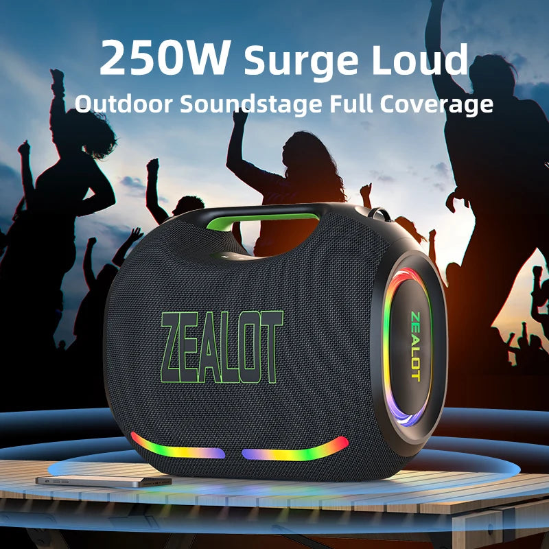 ZEALOT ZE21 250W kabelloser Lautsprecher, tragbar für Outdoor, 48000mAh lange Akkulaufzeit, mit RGB-Farblichtern, bis zu 18 Stunden Wiedergabezeit.