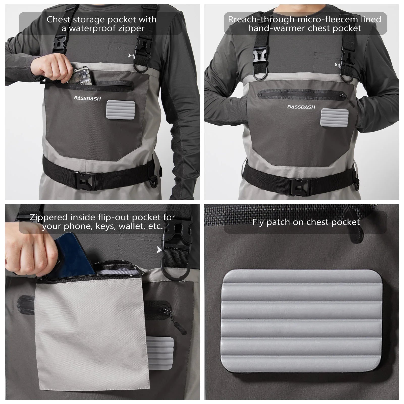 BASSDASH Anglerwathose leicht, mit angesetzten Füßlingen, FW08, für Herren, atmungsaktive Wathose, wasserdicht, zum Fliegenfischen, Brusthöhe