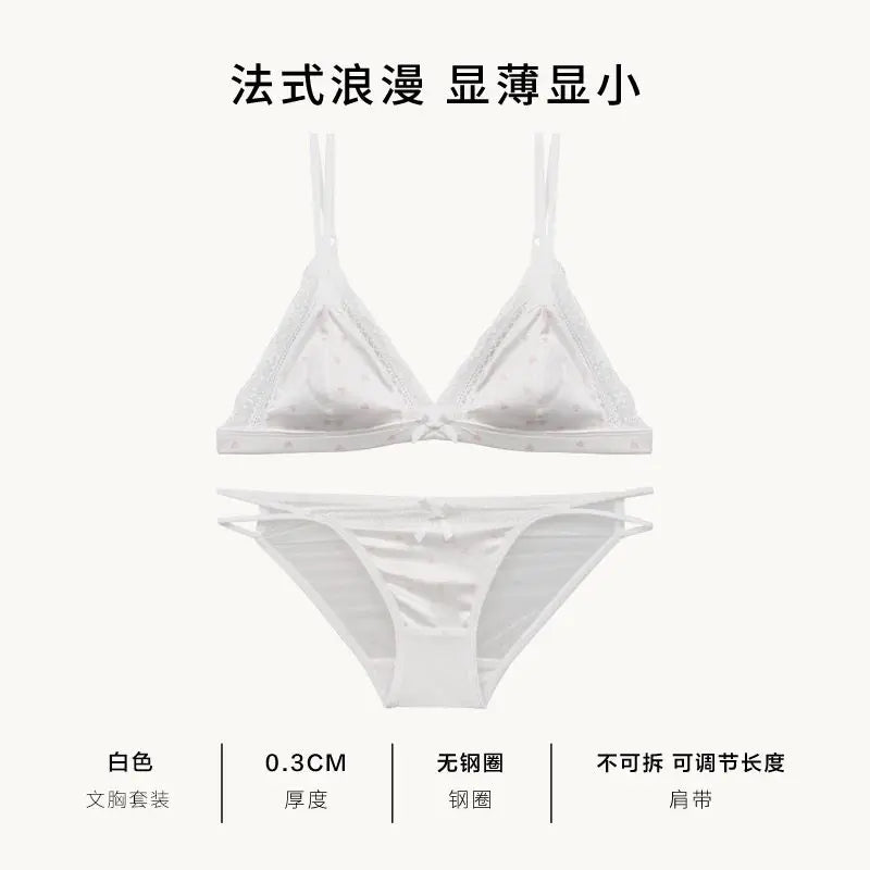 Französischer Stil Süßer Triangel-BH Lingerie Set Damen Satin Spitze Drahtlos Kleiner Busen Raffiniert Dünner Stoff Sexy Weiche Unterwäsche S-XL
