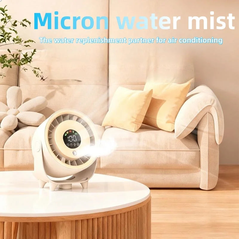 Neuer Sprühnebelventilator, befeuchtend, schnelle Kühlung, Aufhängeloch, geräuscharm, digitale Anzeige, Tastensteuerung der Geschwindigkeit, fein absorbierbar