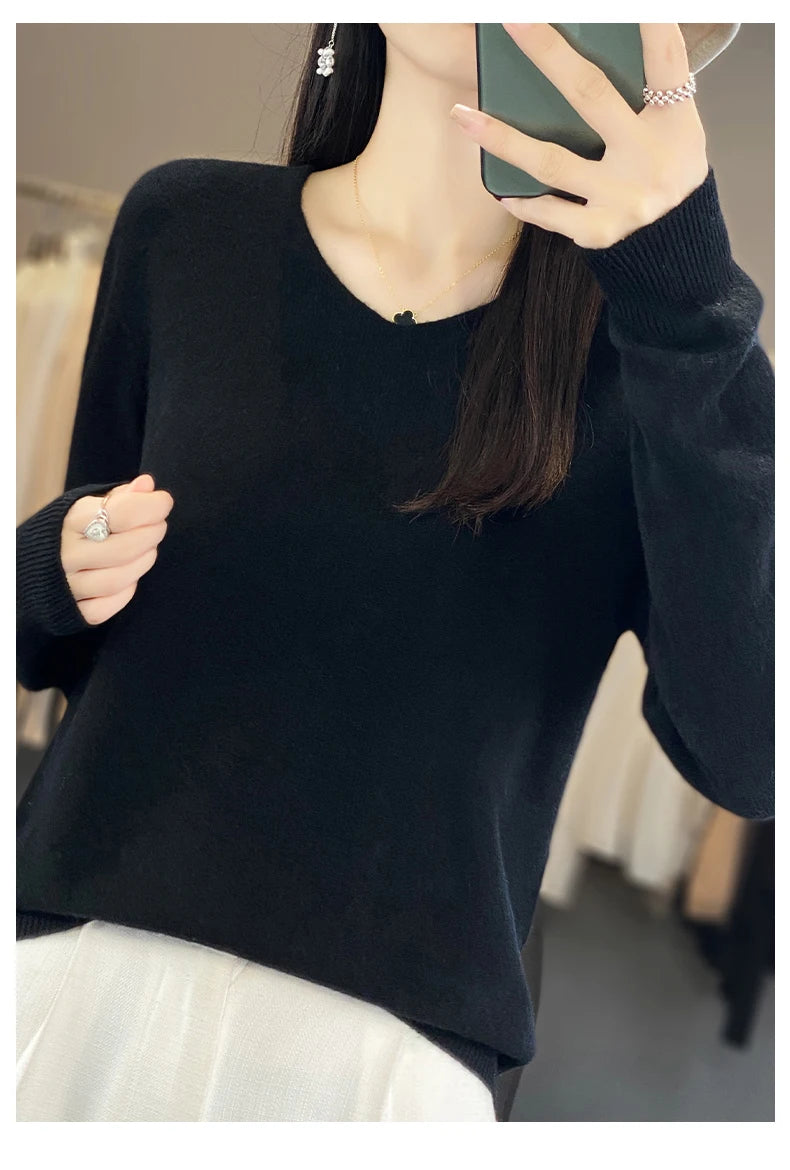 Damen 100% Merinowolle Pullover V-Ausschnitt Basic Pulli Herbst Winter Kaschmir Kleidung Langarm Weiche Strickware Oberteile Unifarben