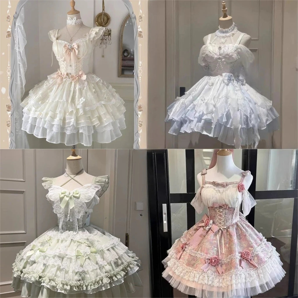 Japanisches Sommer-Kawaii-Lolita-Kleid Damen Party Vintage Süße Spitze Schleife Geburtstags-Kuchenkleider Harajuku Y2k Bandagenkleid