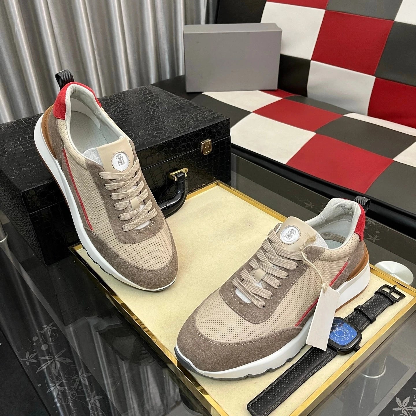 Luxusmarke Herrenschuhe Handgemachte Freizeit-Sneaker Jacquard-Nylon-Gewebe mit Wildleder Wander- und Radschuhe Laufschuhe Weihnachtsgeschenke