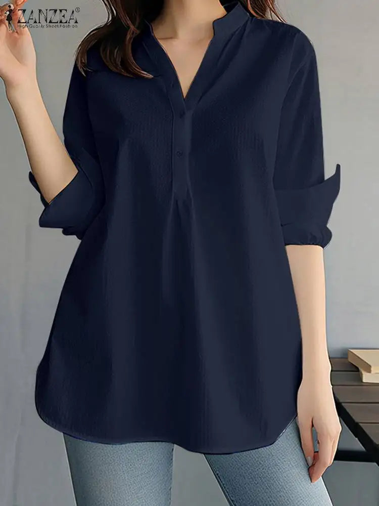 ZANZEA Damen Mode Weiße Hemden Lässig Weite Button-Down-Blusen 2024 Sommer Büro Bluse Koreanische OL V-Ausschnitt Langarm Tuniken