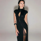 Schwarze Abendkleider mit hohem Schlitz, Rollkragen, Reißverschluss, schmal geschnitten, figurbetonter Rock, sexy heißes Mädchen-Nachtclub-Kleid für Damen Streetwear