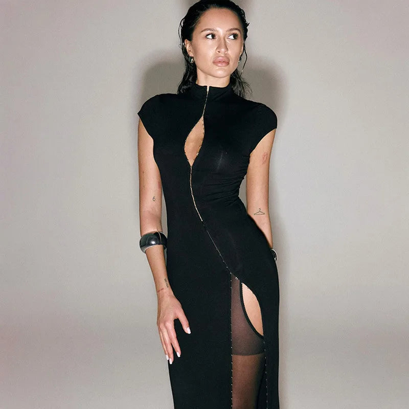 Schwarze Abendkleider mit hohem Schlitz, Rollkragen, Reißverschluss, schmal geschnitten, figurbetonter Rock, sexy heißes Mädchen-Nachtclub-Kleid für Damen Streetwear