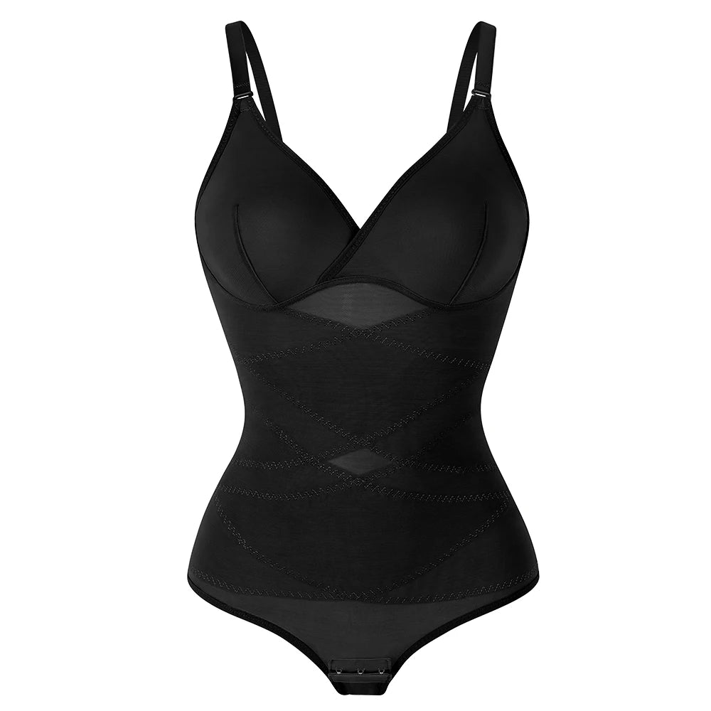 Cross Waist Tummy Control Body Shaping Bodysuit für Damen Ganzkörperkontrolle V-Ausschnitt Mesh Atmungsaktiver Slip Unterwäsche Po-Former