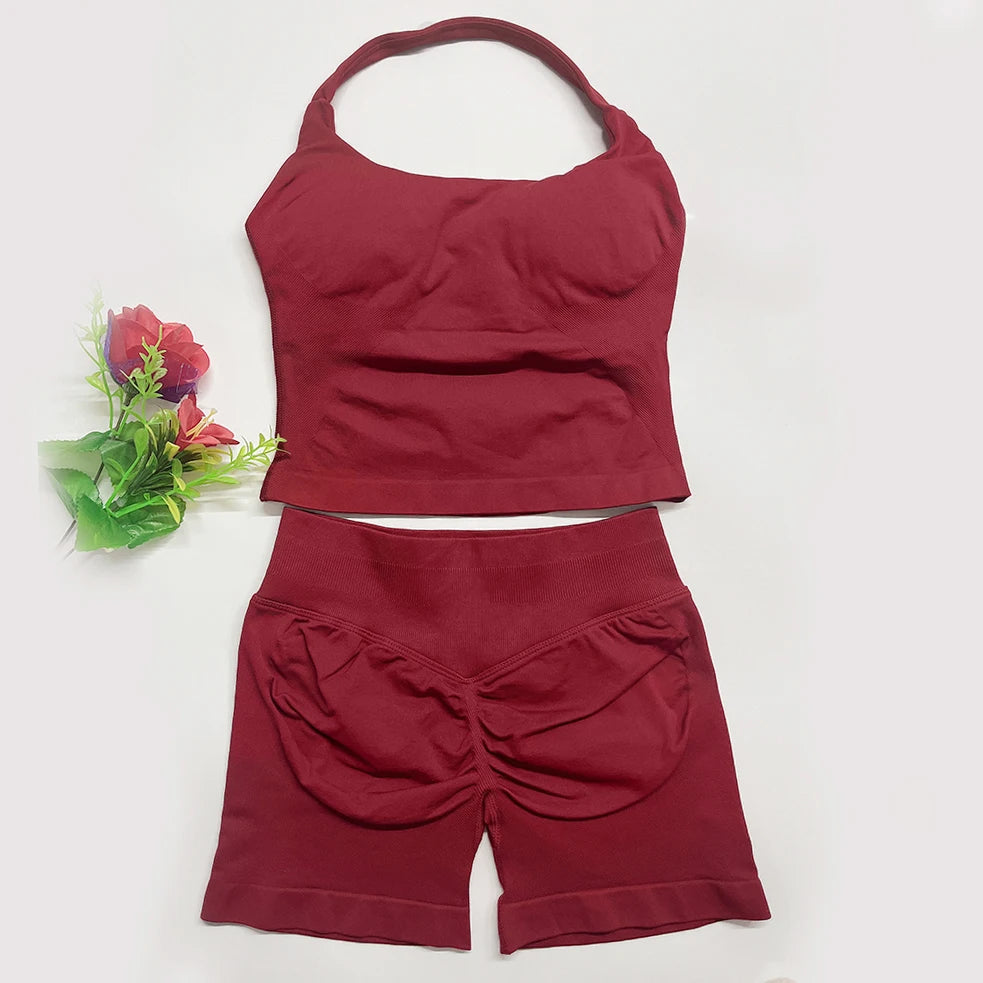 Yoga Outfits Damen 2-teiliges Sport-Set DFNNYE Impact Halfter Neck Neckholder Rückenfrei Oberteil Nahtlose Scrunch Shorts Fitness-Workout-Sportanzug