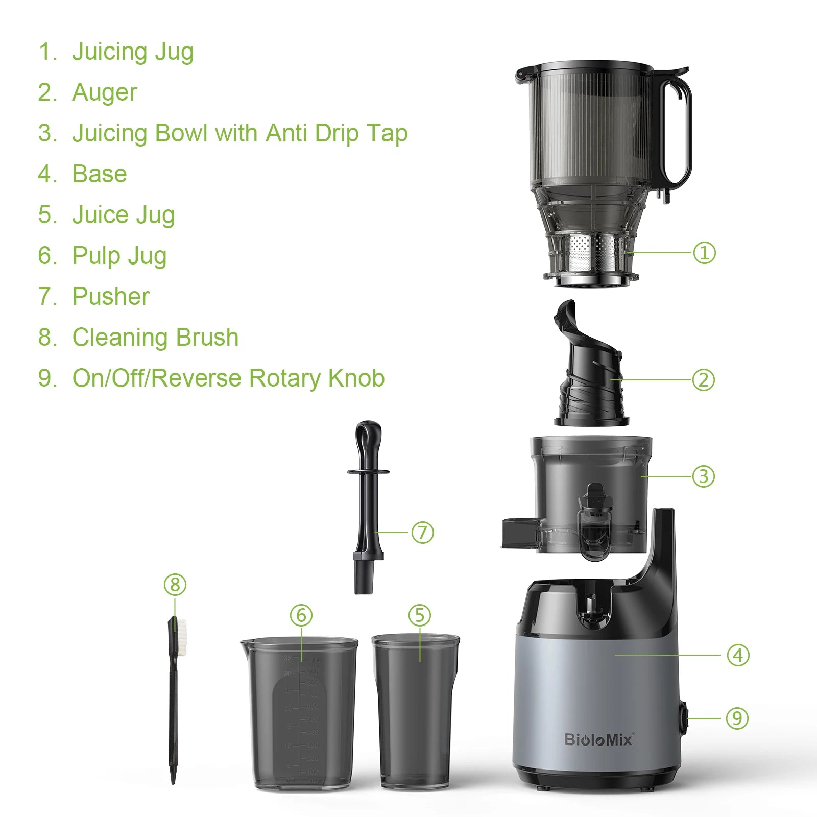 BioloMix Kaltpress-Entsafter, mit 130 mm Einfüllschacht, für ganze Früchte und Gemüse, hohe Saftausbeute, BPA-freier Slow Masticating Juicer