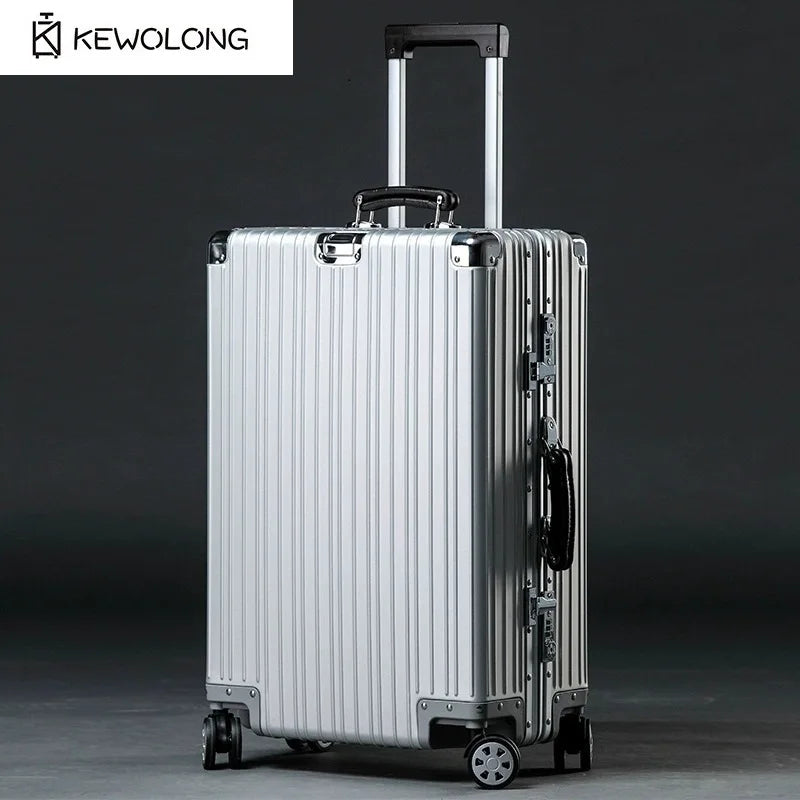 Hochwertiger Vintage-Koffer aus Aluminium-Magnesium-Legierung, 20/24/26/29 Zoll leichter Reise-Trolley mit Ledergriff