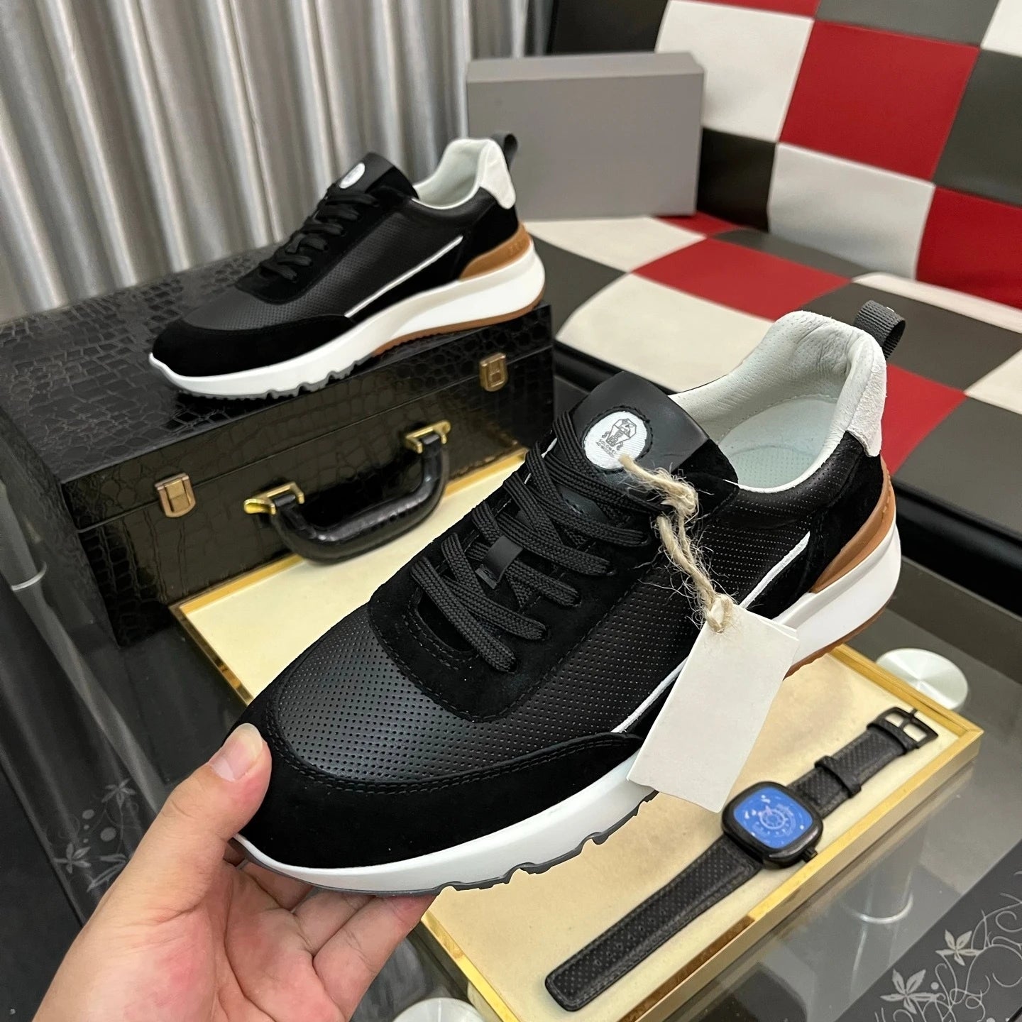 Luxusmarke Herrenschuhe Handgemachte Freizeit-Sneaker Jacquard-Nylon-Gewebe mit Wildleder Wander- und Radschuhe Laufschuhe Weihnachtsgeschenke
