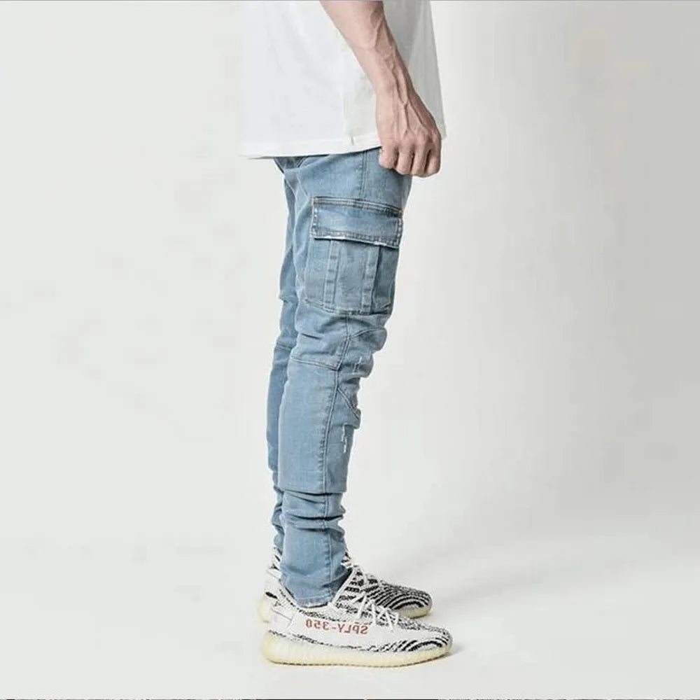 Street Elastic Jeans Herren Denim Cargo Hose Waschung Unifarbe Multi Taschen Casual Mid Waist Hose Slim Fit Daily Wear Joggers Zweitbild