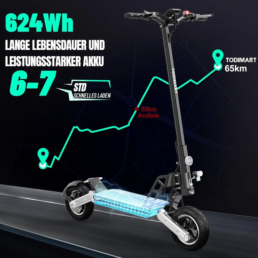 TODIMART G2 ABE E-Scooter, 48V 13Ah, 500W, 40-45km Reichweite, 20km/h, Doppelte Stoßdämpfer, Doppelte Scheibenbremsen, 10-Zoll Offroad-Reifen