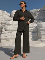 Große Größen Casual Locker Zweiteiler Weites Bein Hose Langarmshirt Hellbeige Street Style Elegant Qualität Polyester Somm...