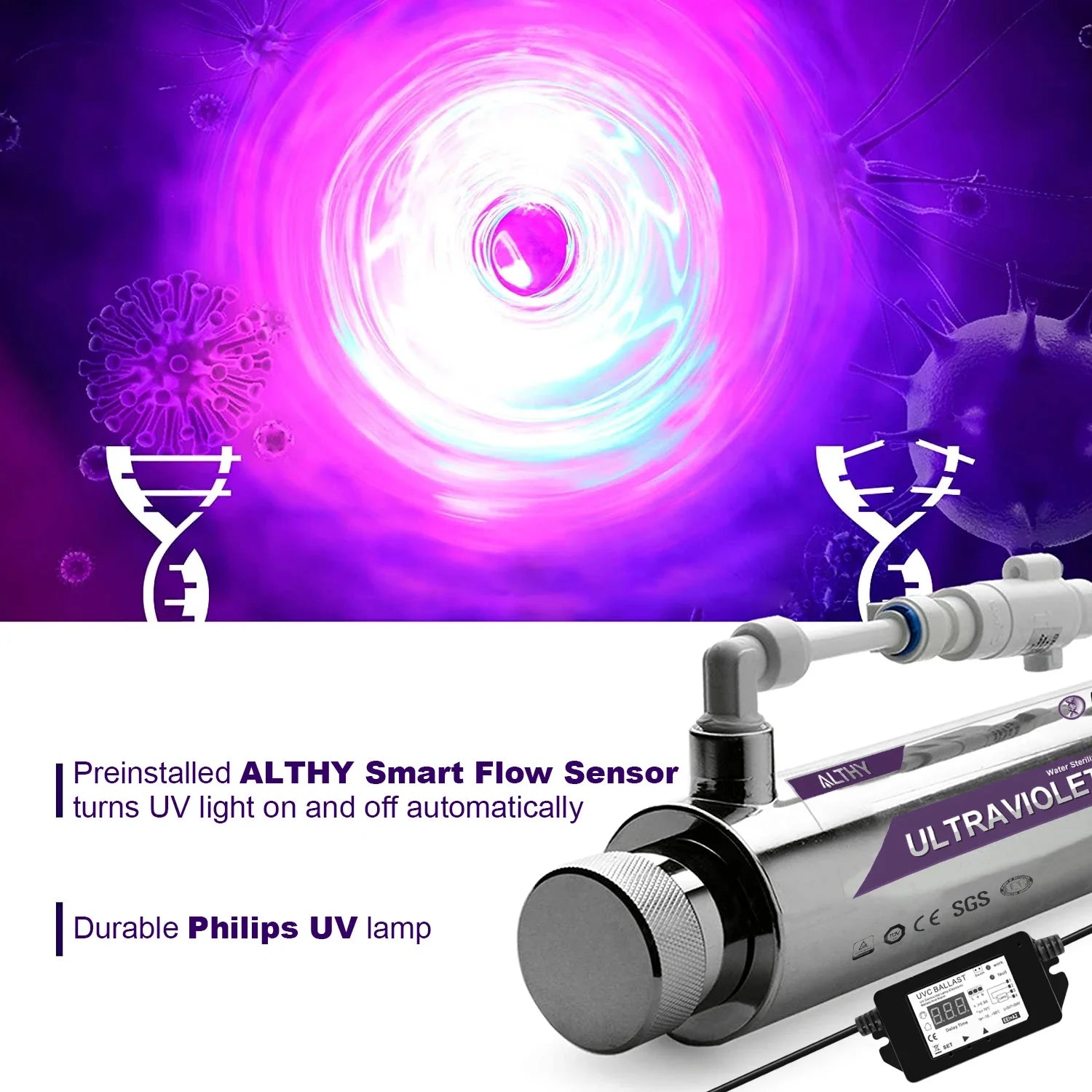 ALTHY UV-Ultraviolett-Wassersterilisator Wasseraufbereitungssystem Desinfektionslampe + Durchflussschaltersteuerung Edelstahl 1 GPM Zweitbild