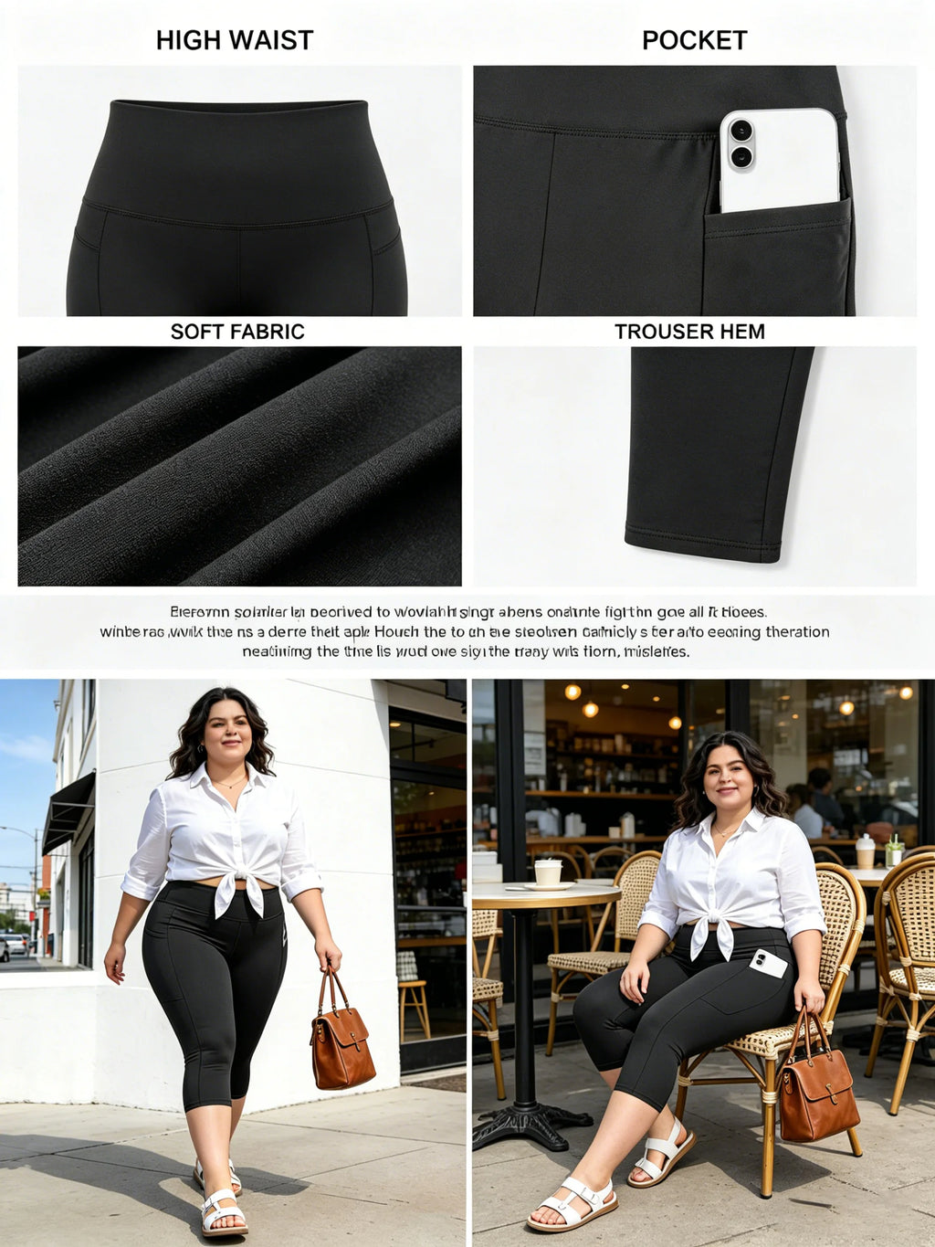 Große Größen Leggings mit Taschen für Damen - Schwarz Hohe Taille Bauchkontrolle Weiche Yogahose für Fitnessstudio-Workouts