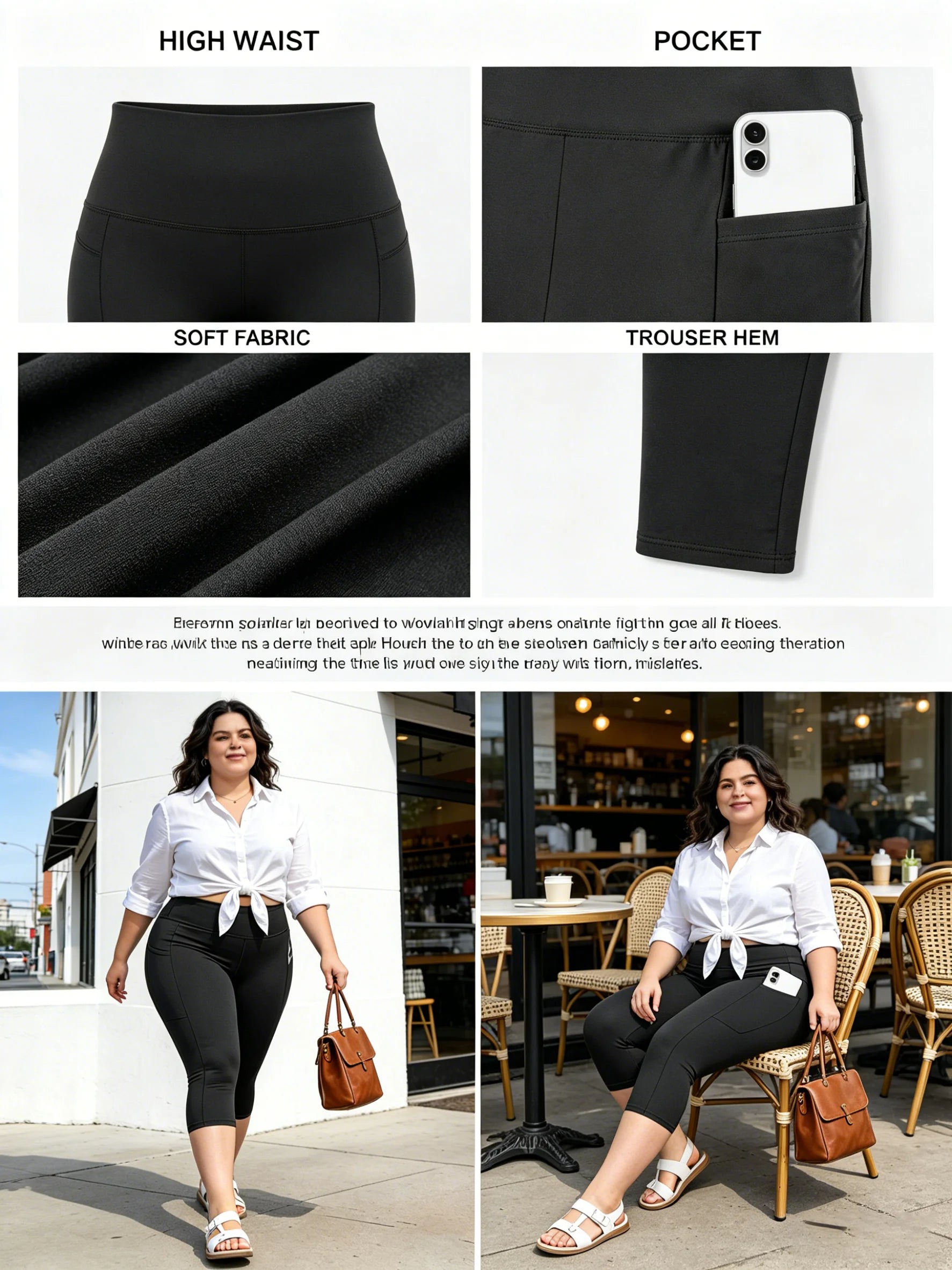 Große Größen Leggings mit Taschen für Damen - Schwarz Hohe Taille Bauchkontrolle Weiche Yogahose für Fitnessstudio-Workouts