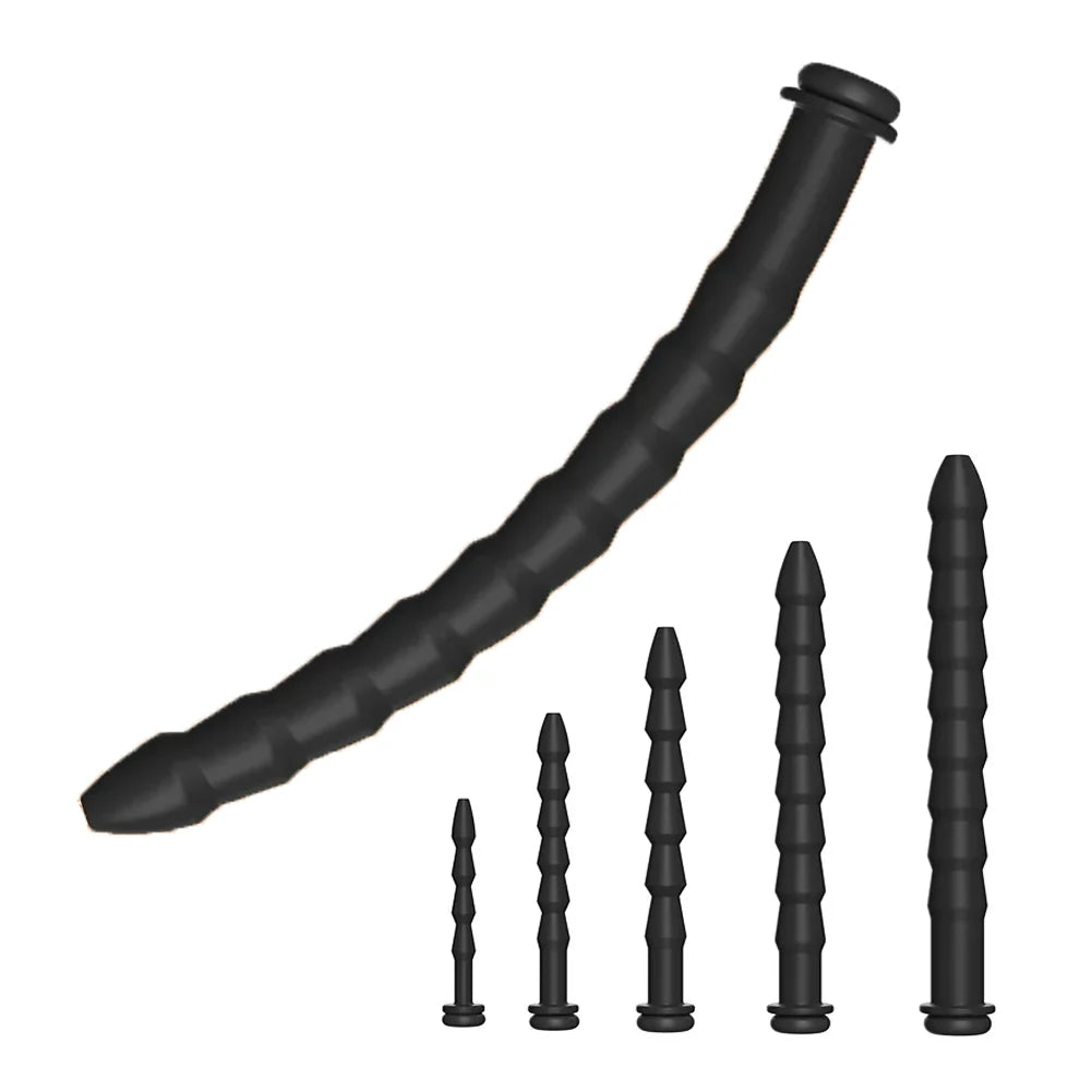 5 Größen gebogene Harnröhren-Sonde Penis-Einführung Stimulation Dilatator Keuschheitskatheter hohler Penis-Plug mit Stopper Sexspielzeug für Männer