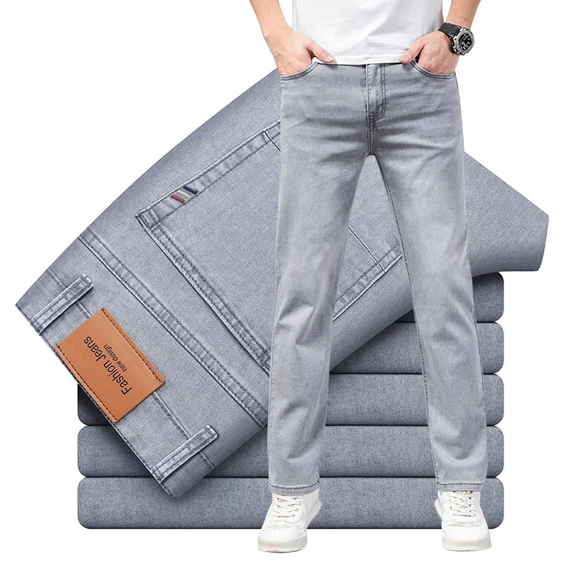 Sommer dünn Herren Elastische Baumwolljeans Mode Grau Bequem Business Straight Casual Hose Marke Männliche Kleidung Hosen Hauptbild