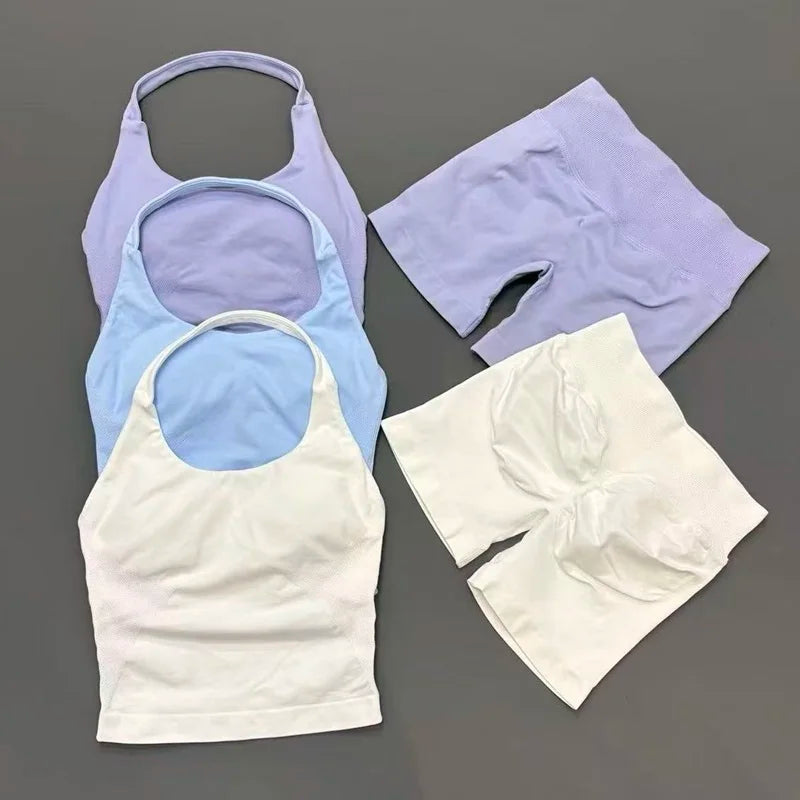 2-teiliges Sportset Damen Rückenloses Tanktop Hohe Taille Scrunch Nahtlose Shorts Fitnesskleidung Activewear Trainingssets Gym Anzug