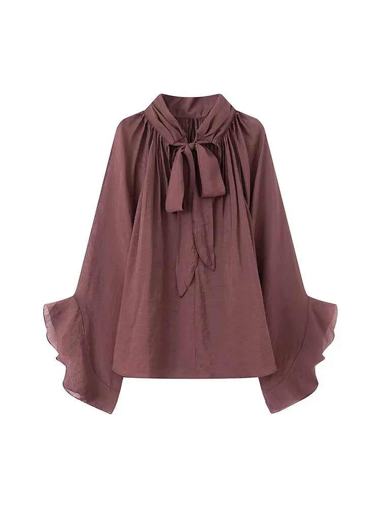 NLZGMSJ Schleifendekoration Locker Langärmlige Blusen für Damen Neue Mode Rüschenkante Hemden und Blusen Damen Top Zweitbild