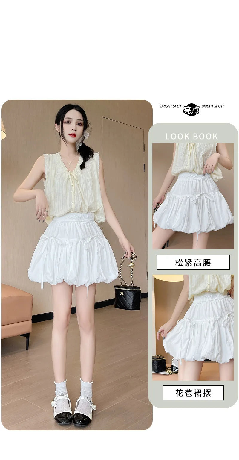 Süße Schleifen Plissierte Flauschige Röcke für Damen Sommer Koreanischer Stil Elastische Taille Laternenrock Damen Lockerer Weißer A-Linien Minirock