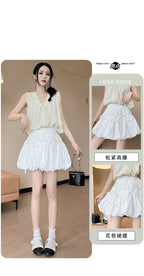 Süße Schleifen Plissierte Flauschige Röcke für Damen Sommer Koreanischer Stil Elastische Taille Laternenrock Damen Lockerer Weißer A-Linien Minirock