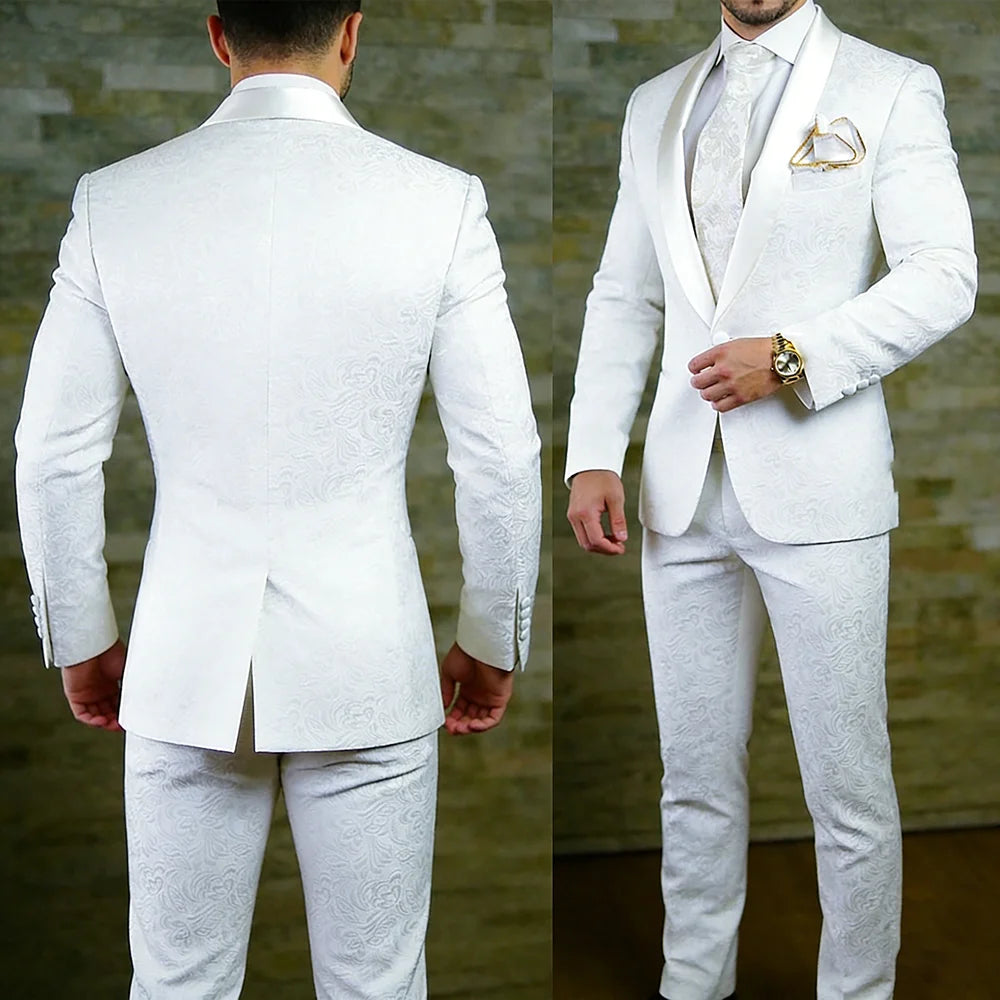 Elegante weiße Jacquard-Herrenanzüge auf Lager, formell, mit einem Knopf, schmale Passform, Rückenschlitz, Schalkragen, zweiteiliger Anzug mit Sakko und Hose
