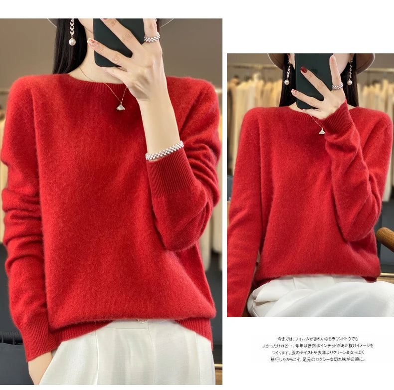 100 % Merinowolle Pullover Damen O-Ausschnitt Kaschmir Strickwaren Female Pullover Herbst Winter Freizeit Oberteile Einfarbig Weiche Kleidung