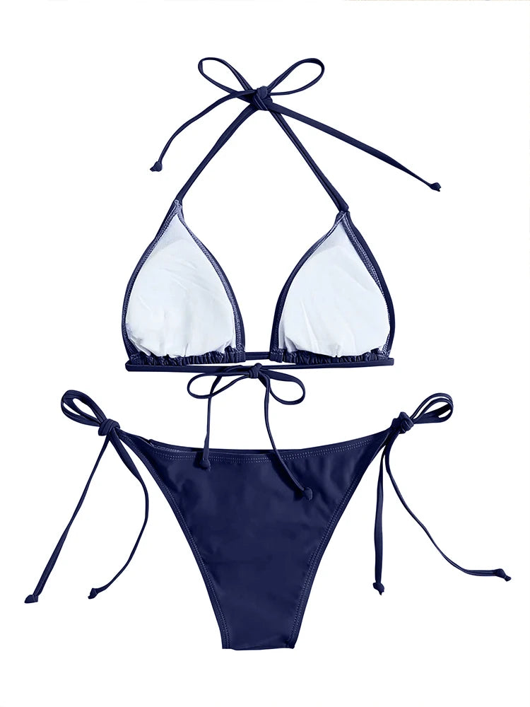 Bademode Tanga Bikini Set Sexy Neu Marineblau Badeanzüge Frau Sexy Bademode Bikinis Triangel Bandage Damen Strandbekleidung