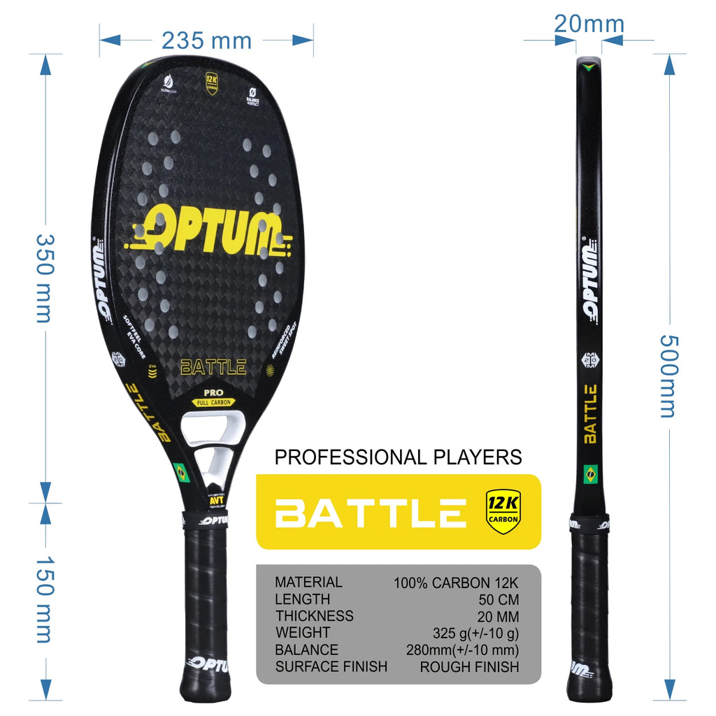 OPTUM BATTLE 12K Carbonfaser-Strandtennisschläger mit rauer Oberfläche und Abdeckungstasche