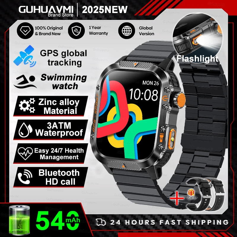 2025Neue GPS Smartwatch für Xiaomi IOS Militärkompass Taschenlampe Smartwatch Herren 10ATM Wasserdicht 100+Sportmodi BT Anruf Uhr