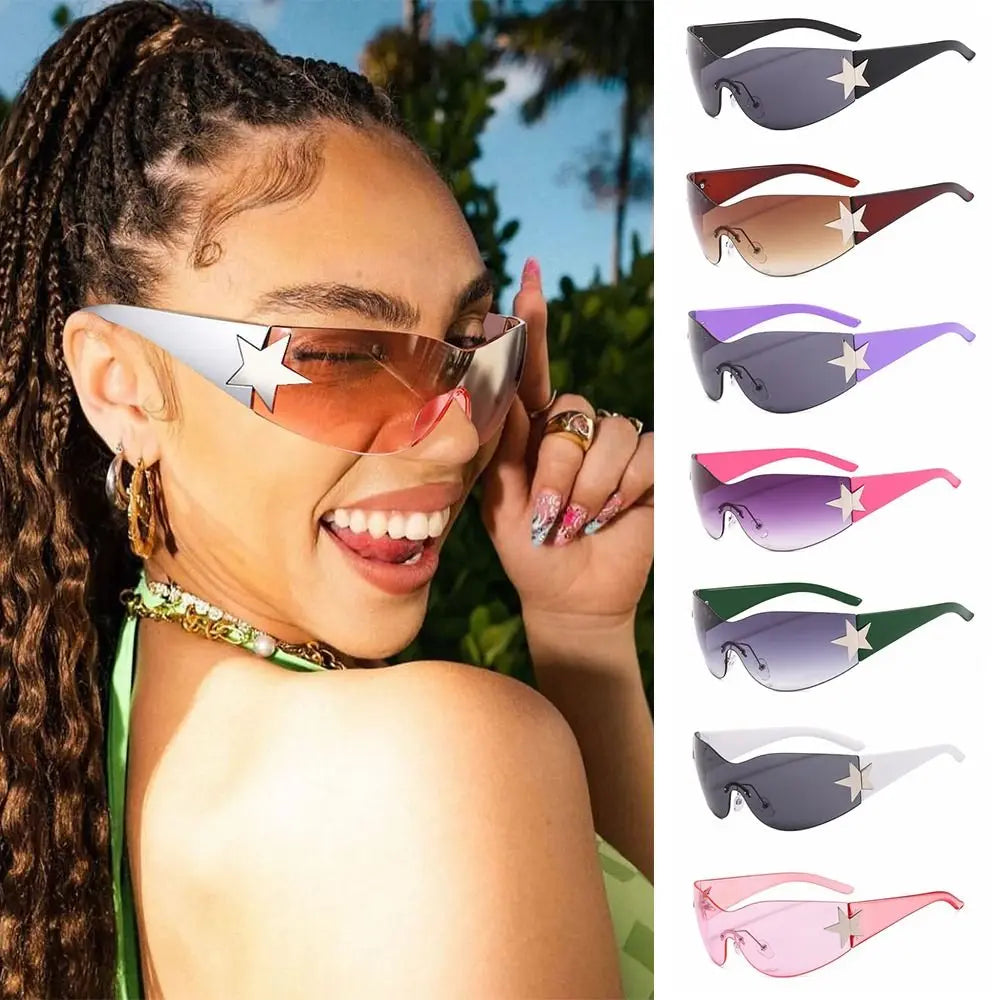 Neue Y2K Randlose Punk-Sonnenbrille Goggle Damen Herren Luxusmarke Wrap Around Sonnenbrille Fünf Sterne Eyewear Sport One Piece Shades