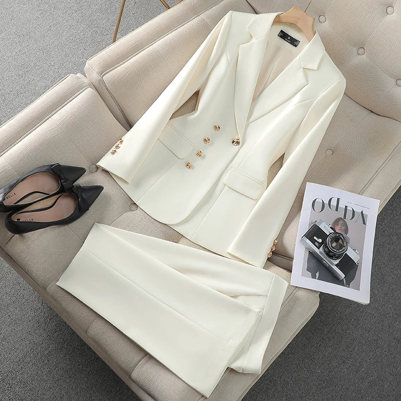 NAVIU Neu 2024 Damen Hosenanzüge Rosa Blazer und Jacken Set Büro Damen Arbeits Business Uniform Weiblicher Hosenanzug OL Stil Beige