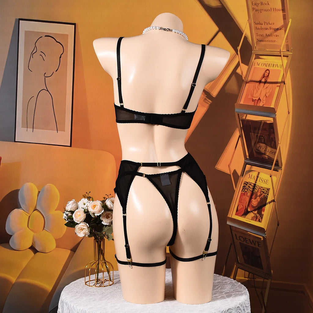 Elegant Lingeries Sexy Hot Exclusive Coffee Bra Belt Thong 3PC with Leg Circles Cute Intimate Lace Tempted Tipsy Set