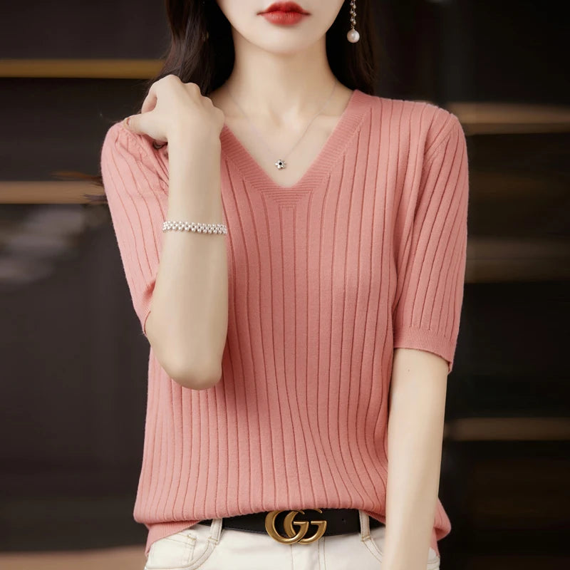 Damen Pullover Frühling Sommer Kurzarm V-Ausschnitt Strickshirt Lässige koreanische Pullover Gestreiftes Unterziehshirt Slim Fit Pullover