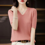 Damen Pullover Frühling Sommer Kurzarm V-Ausschnitt Strickshirt Lässige koreanische Pullover Gestreiftes Unterziehshirt Slim Fit Pullover