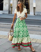 Damenrock mit elastischem Bund und Blumenmuster, großer Tellerrock, Boho-Midi-Rock im Patchwork-Stil, geeignet für Strand und Alltag