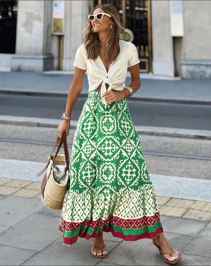Damenrock mit elastischem Bund und Blumenmuster, großer Tellerrock, Boho-Midi-Rock im Patchwork-Stil, geeignet für Strand und Alltag